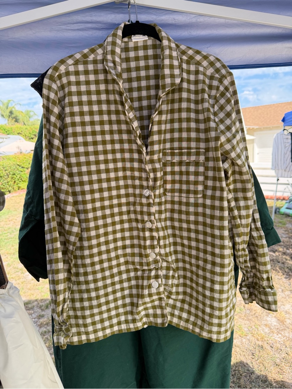 Olive Green Checked Women's Button-Down Linen Shirt